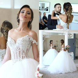 Lace Ball Beaded Gown Dresses Applique Off Shoulder Pearls Tiered Tulle See Through Waist Court Train Wedding Bridal Gowns s