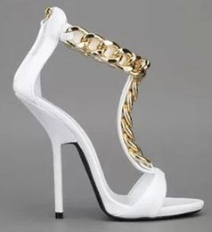 2018 Sexy Ladies Concise Gold Metal Chains T-Strap Sandals Women Thin High Heels Summer Open toe Zipper Party Dress Sandalias Shoes