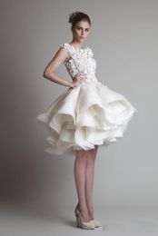 organza tiered mini skirt UK - 2019 krikor jabotian Vintage Short Wedding Dresses Jewel Neck Illusion Lace Appliques 3D Floral Tiered Ruffles Organza Plus Size Bridal Gown
