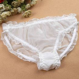 Wholesale Free Shipping Summer Pure Silk Ruffle See Through Transparent Panties Women Underwear Briefs Size M-2XL