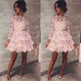 Rosa curto blush vestidos de baile manga longa jóia pescoço barato festa noite mini comprimento vestido baile vestidos formais