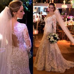 Graceful Lace Mermaid Wedding Dresses With Long Sleeves Back Covered Buttons Sweep Train Bridal Gowns Custom Made Retro Wedding Vestidos