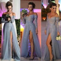Sexy Split Long Sleeves Evening Dresses A Line Off Shoulder Lace Appliqued Prom Dress Long Chiffon Formal Party Gowns
