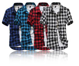 Red/Black Plaid Shirt Men Shirts Summer Fashion Chemise Checkered Shirts Short Sleeve Shirt Men Blouse