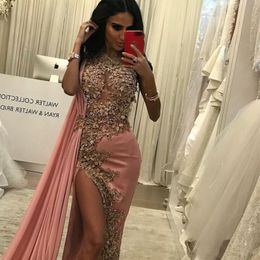 Glamorous Saudi Arabia Prom Dress With Chiffon Wrap Sparkly Sequins Beaded Applique Side Split Evening Dress Sexy Satin Mermaid Party Dress