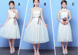 pale champagne lace bridesmaids dresses 3 styles jewel neck chiffon wedding guest dress tea length maid of Honour gowns