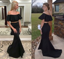 Two Piece Satin Mermaid Prom Dresses Off The Shoulder Floor Length Custom Made White Prom Dresses Simple Long Black Evening Dress