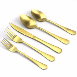 5 Pcs 18/0 Matte Gold Cutlery Set Stainless Steel Dining Knives Forks Teaspoon Golden Luxury Dinnerware Tableware Set
