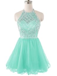 Short Prom Party Dresses Homecoming Gown A Line Sheer Neck Tulle Backless Mint Lalic Red Truqoise Pleats Beads Crystals Party Cocktail