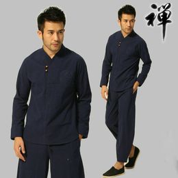 Buddhist Meditation Men's Traditional Chinese Kung Fu Sets Cotton Linen Blouse Elastic Waist Pants Loose tang suit style tracksuits for men