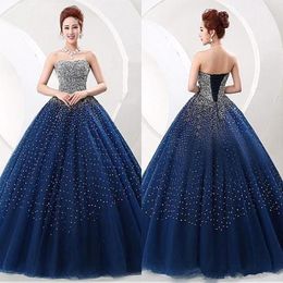 Strapless Tulle Major Beaded Quinceanera Dresses Navy Blue Stones Ball Gowns Floor Length Prom Party Princess Dresses With Lace Up Back BA65