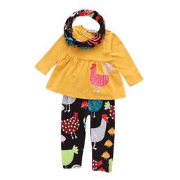 Thanksgiving baby outfits children girls Turkey dress top+print pants with scarf 3pcs/set 201+ Autumn kids Clothing Sets C5309