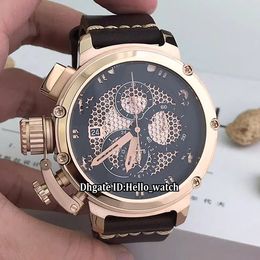 Cheap Left Handed 50mm U51 U-51 Skeleton Black Dial Quartz Chronograph Mens Watch Chimaera 7474 Rose Gold Leather Strap Gents Sport246L