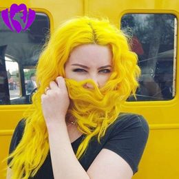 Long wavy Yellow Color wig Heat Resistant Hair 150% Denstiy Cosplay Perruque Masquera Synthetic Lace Front Wigs for Women