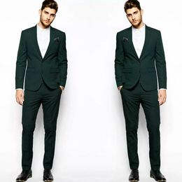 Charming Dark Green Mens Suits Two Pieces Peaked Lapel Slim Fit Groom Tuxedos For Weddings ( Jacket+Vest)