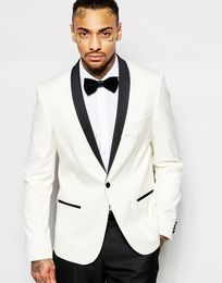 Brand New Ivory Men Wedding Tuxedos High Quality Groom Tuxedos Shawl Black Lapel Centre Vent Men Blazer 2 Piece Suit(Jacket+Pants+Tie) 2042
