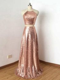 Rose Gold Sequined Country Bridesmaid dresses Halter Cheap Two Pieces Long Wedding Prom Party Dress Gowns For Women Girls Sparkly
