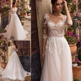 naviblue dolly cheap wedding dresses sexy 3 4 long sleeves lace appliqued sheer bridal gowns tulle a line vestido de novia