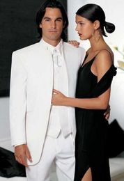 New Arrival Groomsmen White Groom Tuxedos Mandarin Lapel Men Suits Wedding Best Man Bridegroom (Jacket + Pants + Vest + Tie) L169