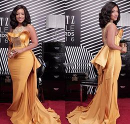 Plus Size Sexy Mermaid 2017 Prom Dresses African Scoop Neck Crystal Beaded Satin Celebrity Dresses Women Dusty Yellow Evening Gowns