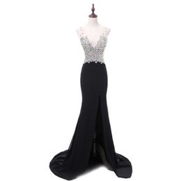 2018 Hot Sale Sexy V-Neck Backless Crystal Mermaid Party Gowns With Chiffon Floor-Length evening Formal Celebrity Dresses BE01