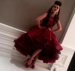 Arabic New Dabai Dark Red Prom Dresses Ball Gown Hi-lo Beaded Crystals Tiered Organza Formal Party Wear Evening Gowns Custom s