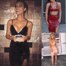 New Women 2 Piece Mini Dress Shiny PVC Bodycon Strap Top Side Split Skirt Suits Patent Leather Party Nightclub Sexy Skirt Sets