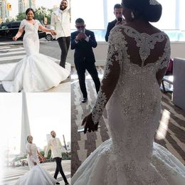 Gorgeous Plus Size Wedding Dresses Lace Appliques Beaded Crystal V Neck Mermaid Wedding Dress Custom Made Long Sleeve Bridal Gowns