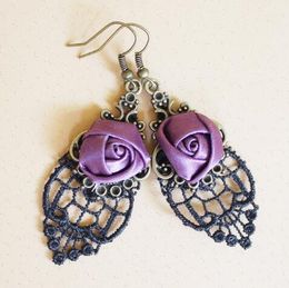 Hot Style European and American fashion vintage black lace purple rose earrings fashionable classic delicate elegance