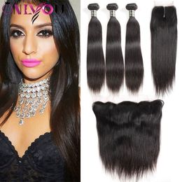 10A Nature Colour Brazilian Straight Virgin Human Hair Bundles with Closure Unprocessed Hair Extensions Straight 3 Bundles with Lace Frontal