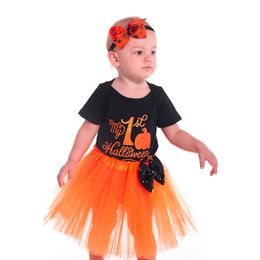 Baby Clothes My 1st Halloween Newborn Infant Baby Girl Short Sleeve Cotton Romper Tops +Tutu Tulle Bow Skirt 2PCS Outfits Party Costume Set