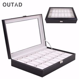 OUTAD Casket 24 Grid Watch Box Glass Black Leather Wristwatch Storage Case Organizer Classical Holder Foam Pillow