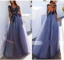 2022 Blue A-line Empire Waist Prom Dress With Illusion Long Sleeve 3D Floral Applique Bateau Open Back Formal Gowns Evening Dress Party