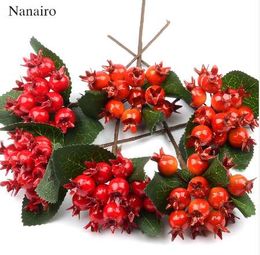6pcs/lot Artificial Plastic Pomegranate Flowers Stamens Red Berries Cherry Fake Foam Fruit for Wedding Christmas Tree Decoration