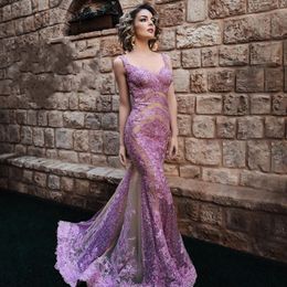 Lilac Lace Applique Prom Dresses Sexy Sweetheart Beads Sleeveless Tulle Mermaid Party Dresses 2018 Charming Saudi Celebrity Evening Dresses