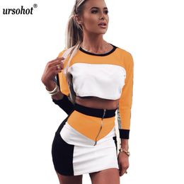 Ursohot Colours Patchwork Fashion Two Piece Dress Women 2018 Autumn Long Sleeve Cropped Tops Bodycon Skirts Robe Women Sets