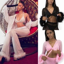 Sexy Women Mesh Set 2018 New Fashion Solid FeatherS Cardigan Perspective Long Sleeve Tops&Long Pants 2pcs Clothes S-XL