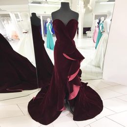 Burgundy Sweetheart Velvet Ruffles Prom Dress Off Shoulder Front Split Sleeveless Long Mermaid Prom Evening Dresses vestidos de fiesta