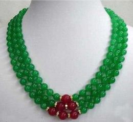 8mm Genuine Green Emerald & Red Ruby 3 Rows Necklace