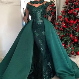 Dark Green Mermaid Sequined Evening Dresses with Detachable Train Jewel Neck Long Sleeve Celebrity Gown Abric Dubai Evening Wear