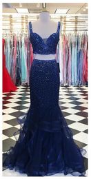 Charming Mermaid Evening Dresses 2018 Two Piece Tulle Ruffles With Straps Beading Floor Length Cheap Long Prom Pageant Dress Gowns New