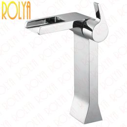 Rolya Waterfall Lavatory Vessel Sink Faucet High Body Bathroom Mixer Taps Solid Brass Chrome Finish