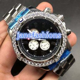 Quartz chronograph men's watch diamond bezel large dial famous brand men's watch silver stainless steel sports waterproof watch