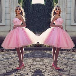 cheap short puffy prom dresses Canada - Pink Short Prom Dresses Puffy Ball Gown Dancing Dubai Arab 2018 Cheap Lace Applique Tulle Puffy Cocktail Party Gown