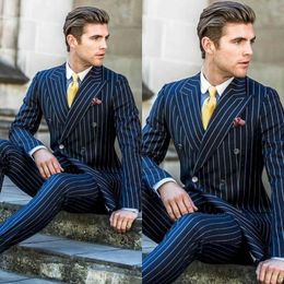 High Quality Pinstripe Mens Suits Slim Fit Bridegroom Formal Wear Best-men Groom Tuxedos Suits Business Men Wear (Jacket+Pants)