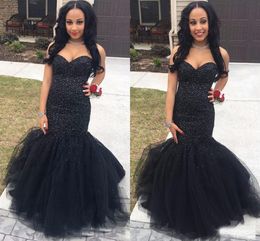 2018 New Sexy 2k18 Prom Dresses Sweetheart Mermaid Long Floor Length Black Crystal Beading Tulle Evening Dress Party Pageant Formal Gowns