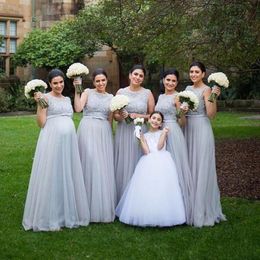 2018 Silver Long Bridesmaid Dresses Jewel Sleeveless A-Line Prom Gowns With Lace Applique Tiered Ruffle Floor-Length Custom Made Formal Gown