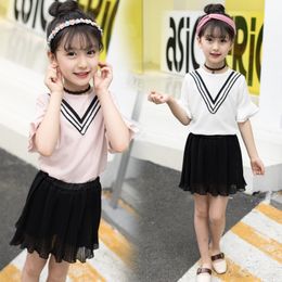 Baby Girls Clothes Sets Outifits 2018 Newest Summer Kids Girls Cotton Lotus Leaf Short Sleeve T-shirt+Black Skirt 2Pcs Sets 2Colors For Girl