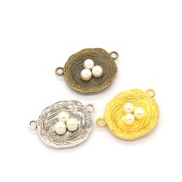 100 Pcs Bird Nest connector charms with 3 Faux Pearl Egg 22x30mm good for DIY craft, jewelry making