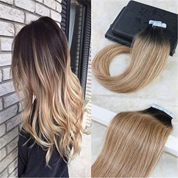 Human Hair Extensions Tape Remy Hair Full Head Balayage Color #2 Fading to #6 Mixed Honey Blonde Skin Weft 100g 40Pcs Seamless